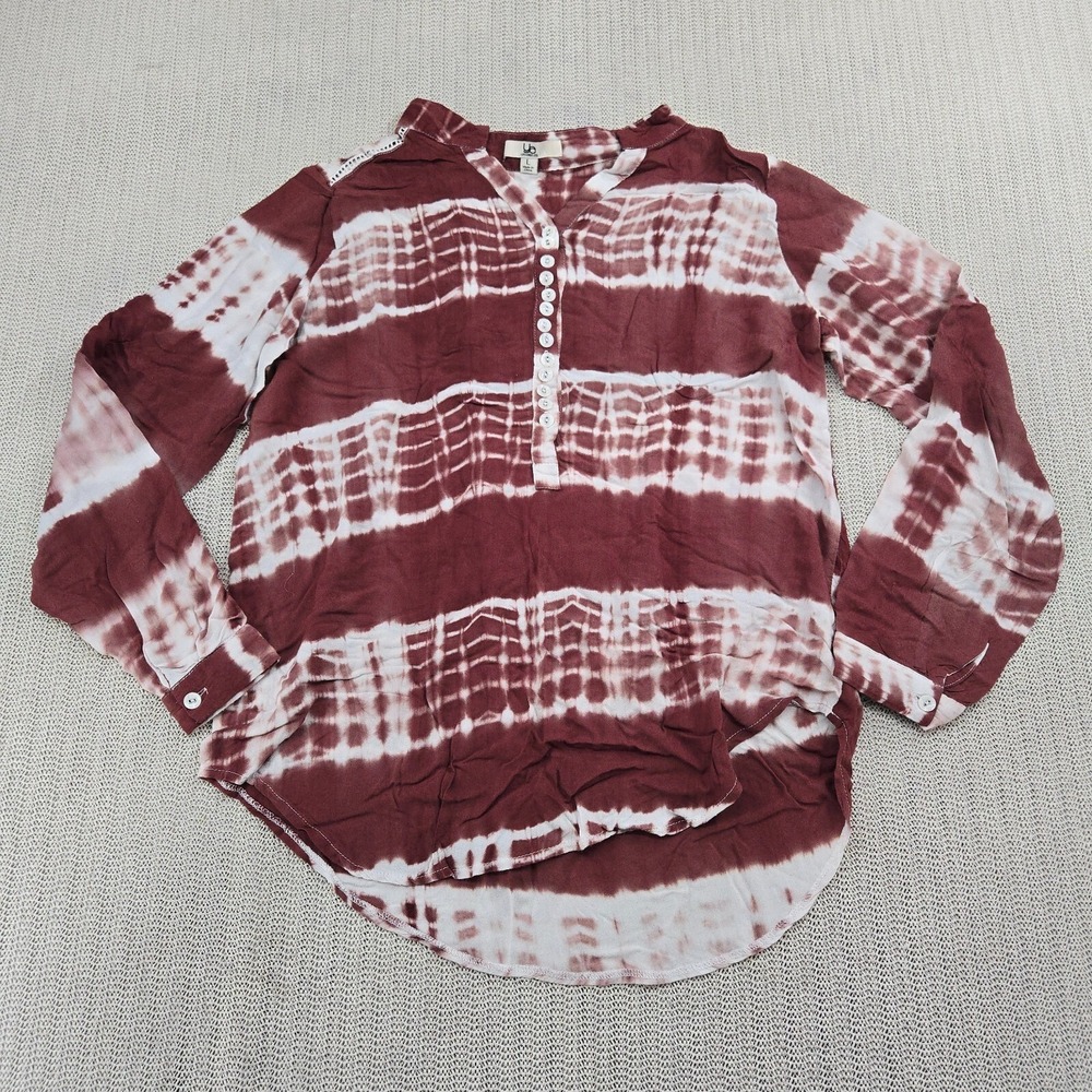 Ya Los Angeles Top Blouse Shirt Womens Large Maroon White 1/4 Button Front‎